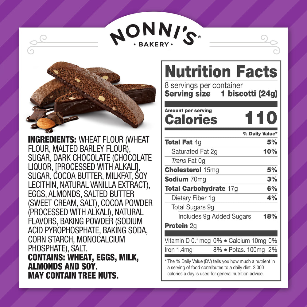 Nonni's dark chocolate almond biscotti with coffee pairing for a refined afternoon break