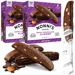 Nonni's dark chocolate almond biscotti packaging shows freshness and premium quality
