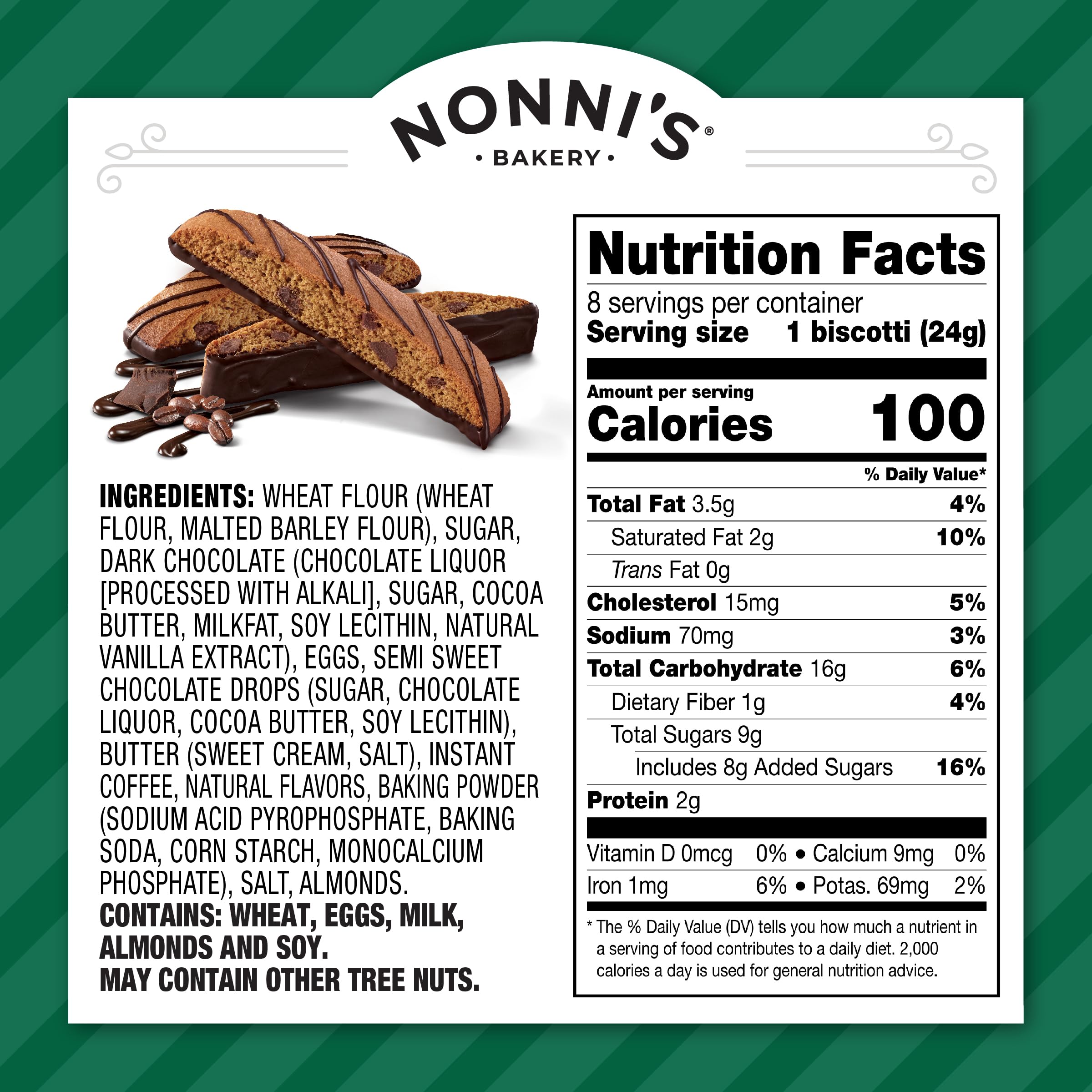 Nonni's biscotti dipped in dark chocolate for premium flavor.