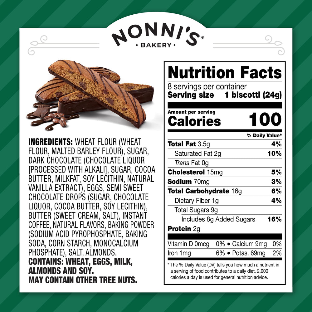 Nonni's biscotti dipped in dark chocolate for premium flavor.