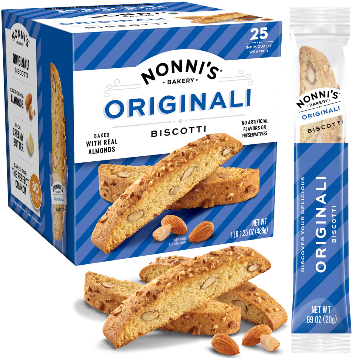 Nonnis Originali almond biscotti close-up with almonds and Tuscan flavor for coffee pairing.