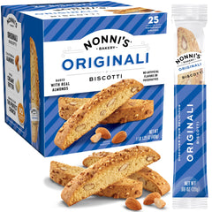 Nonnis Originali almond biscotti close-up with almonds and Tuscan flavor for coffee pairing.