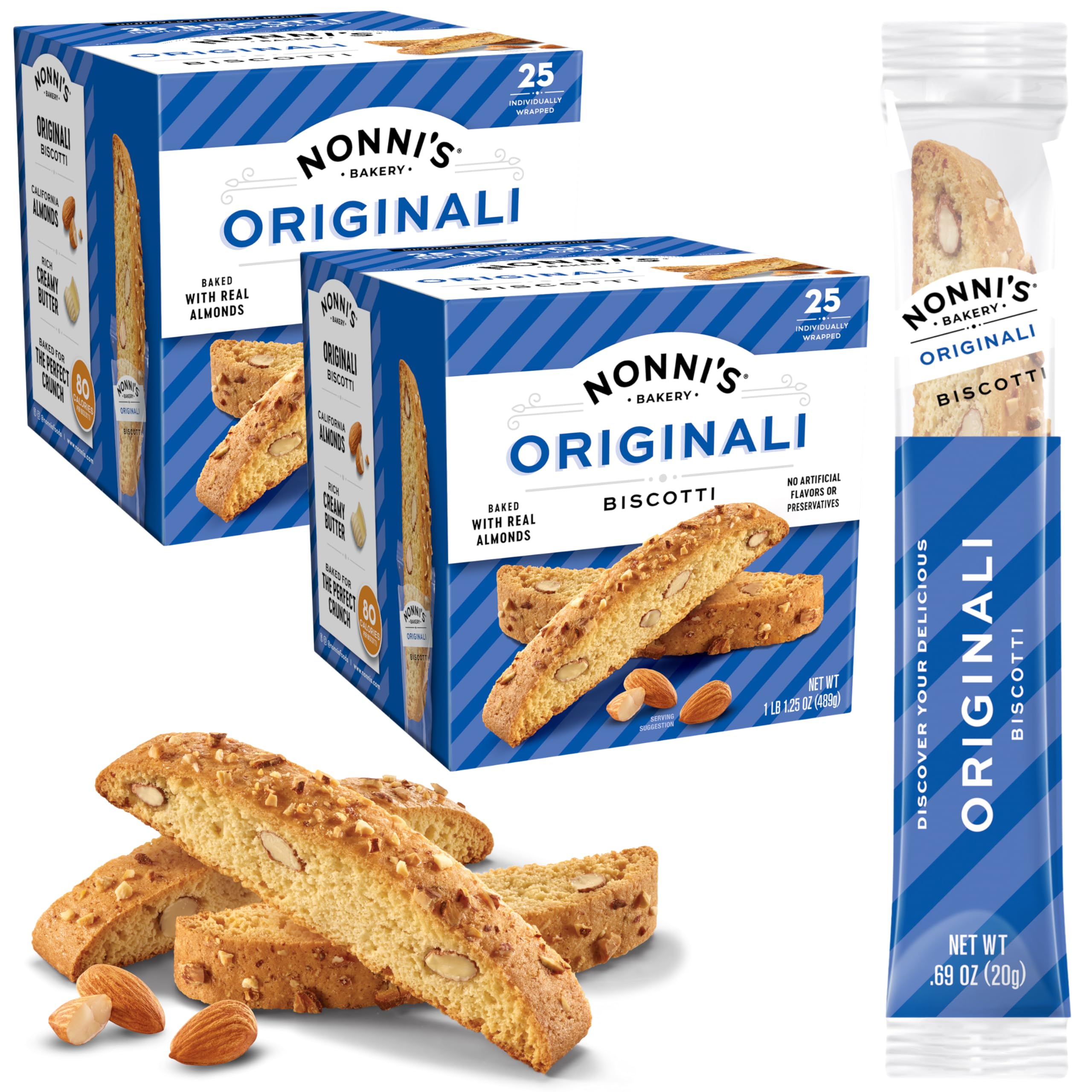 Nonni's Originali Almond biscotti packfront, individually wrapped for freshness and on-the-go snacking.