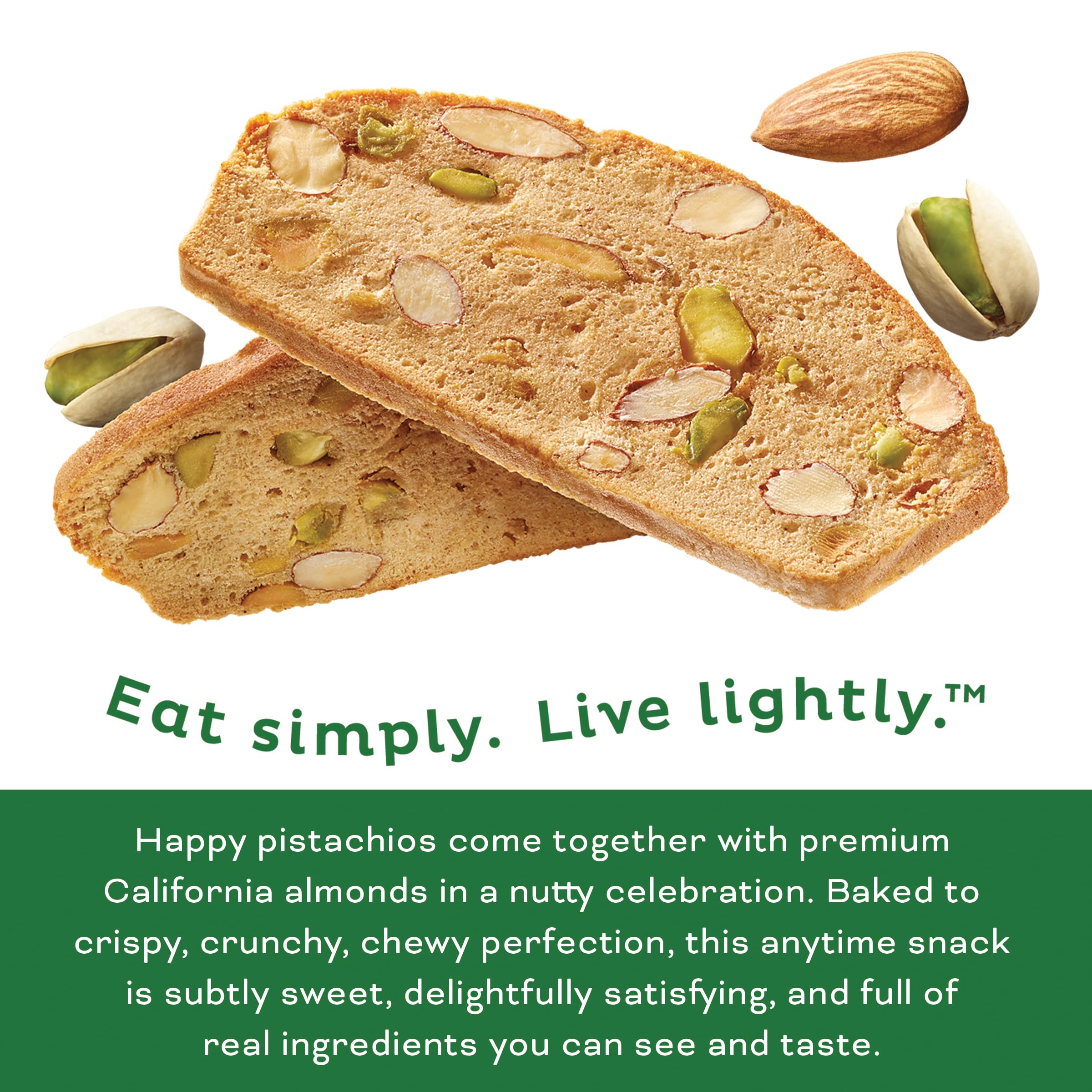 Nonni's pistachio almond crisps close-up highlighting light, crispy texture.