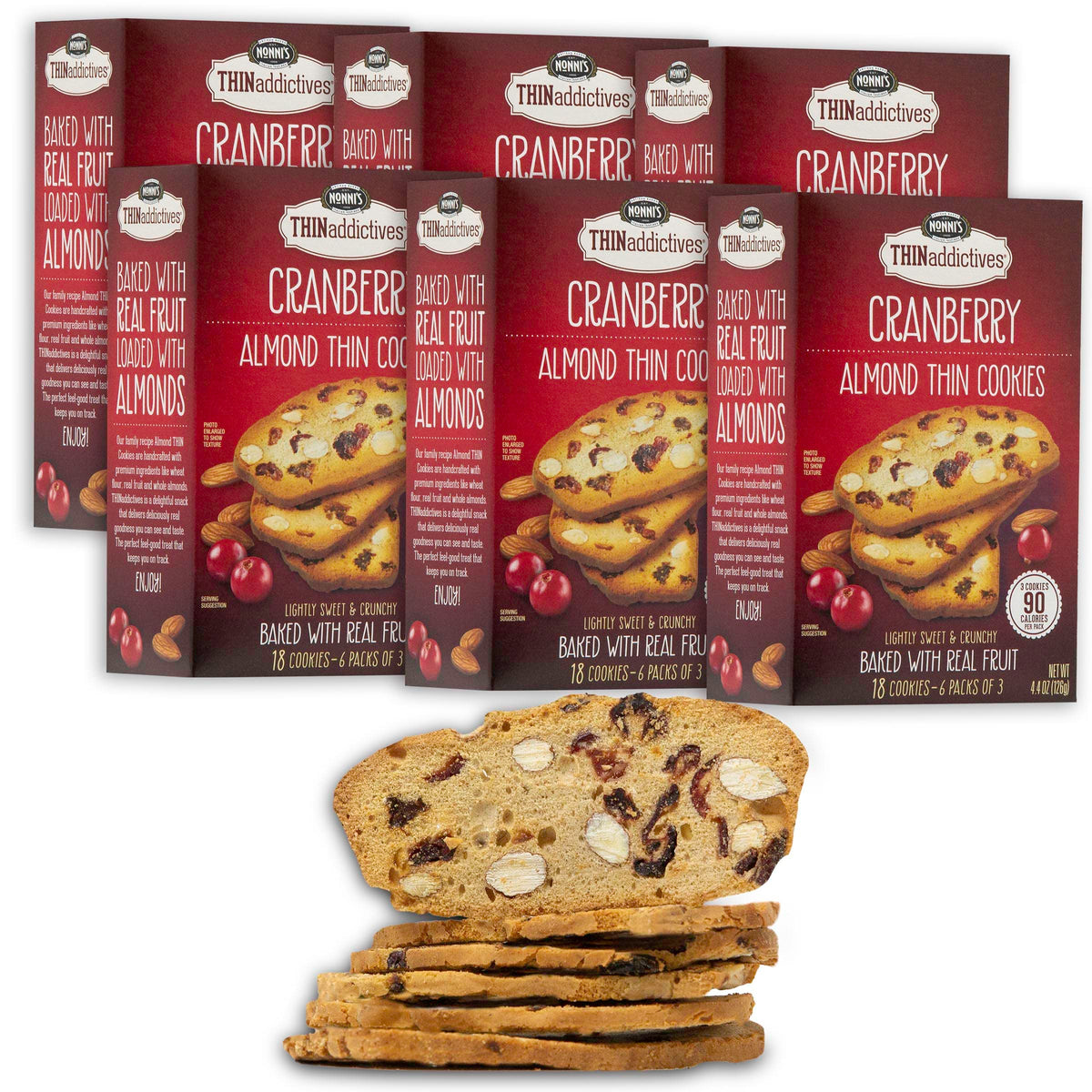 Nonni's Thin Addictives Cranberry Almond Thins offer almond-cranberry crunch for on-the-go snacking.