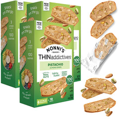 Nonni's Thin Addictives box front featuring pistachio almond thins as a grab-and-go snack