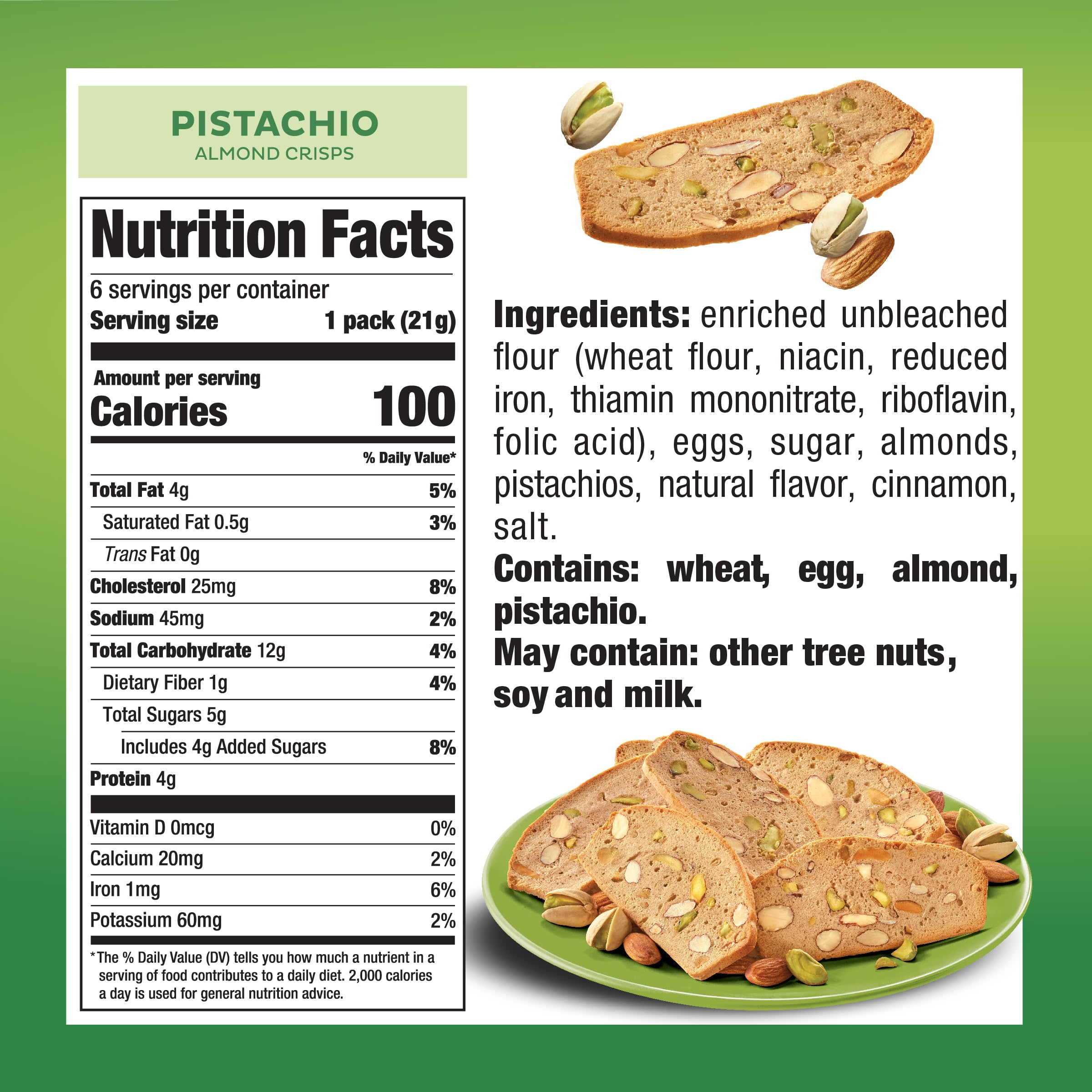 Nonni's Thin Addictives pistachio almond thins pack close-up, convenient 3-cookie portions