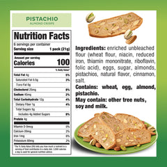 Nonni's Thin Addictives pistachio almond thins pack close-up, convenient 3-cookie portions