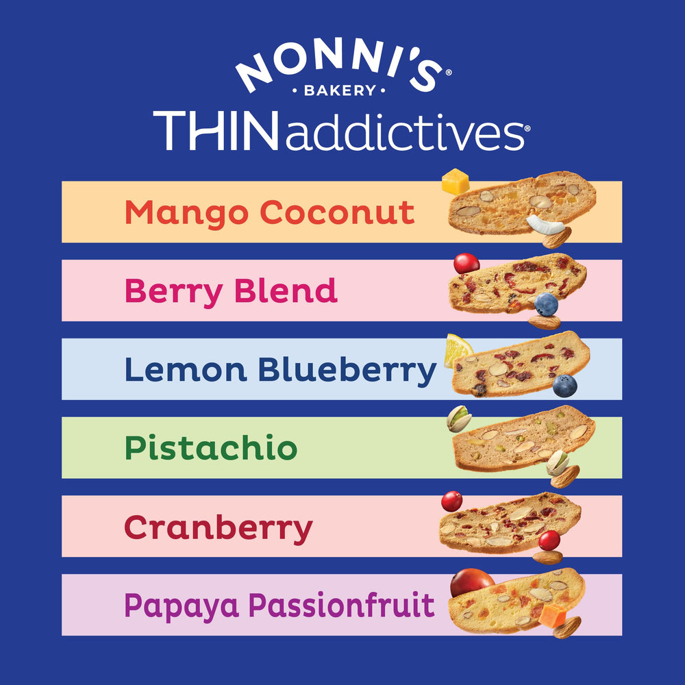 Nonni's THINaddictives berry blend cookies provide fruity crunch for a quick bite.