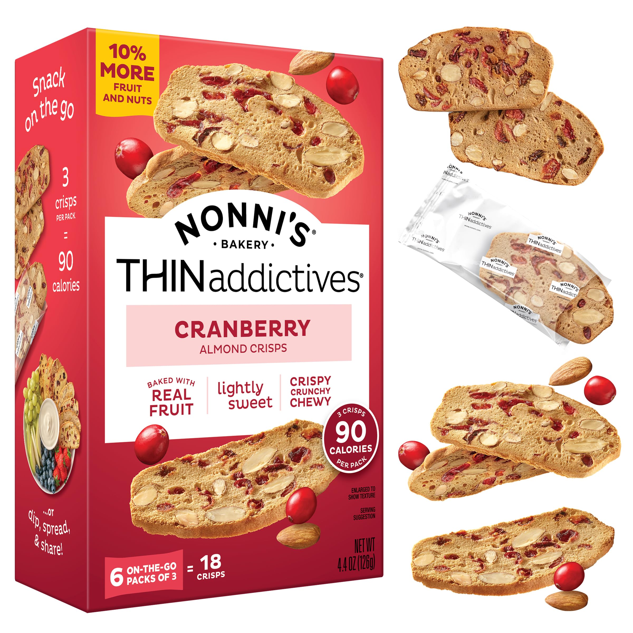 Nonni's THINaddictives Cranberry Almond Crisps six-pack box for convenient on-the-go snacking.