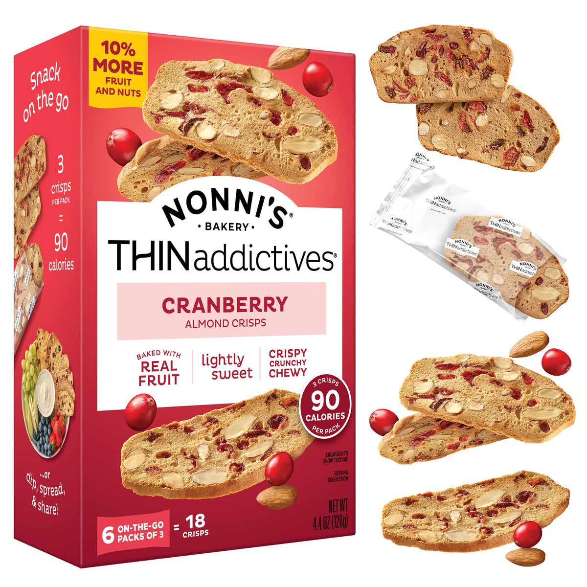 Nonni's THINaddictives Cranberry Almond Crisps six-pack box for convenient on-the-go snacking.