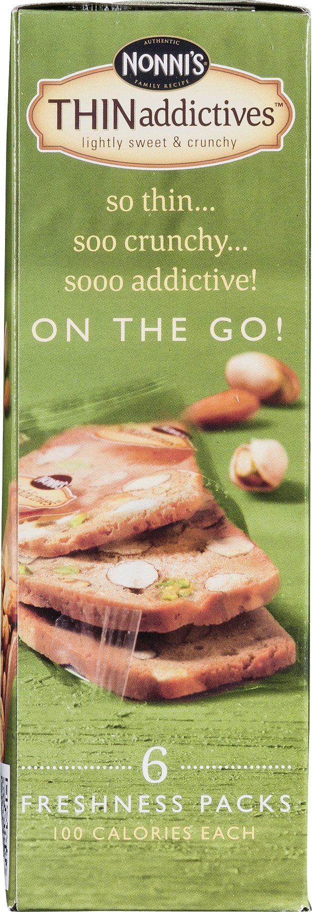 Close-up of almond pistachio bits in Nonni's THINaddictives cookie thins