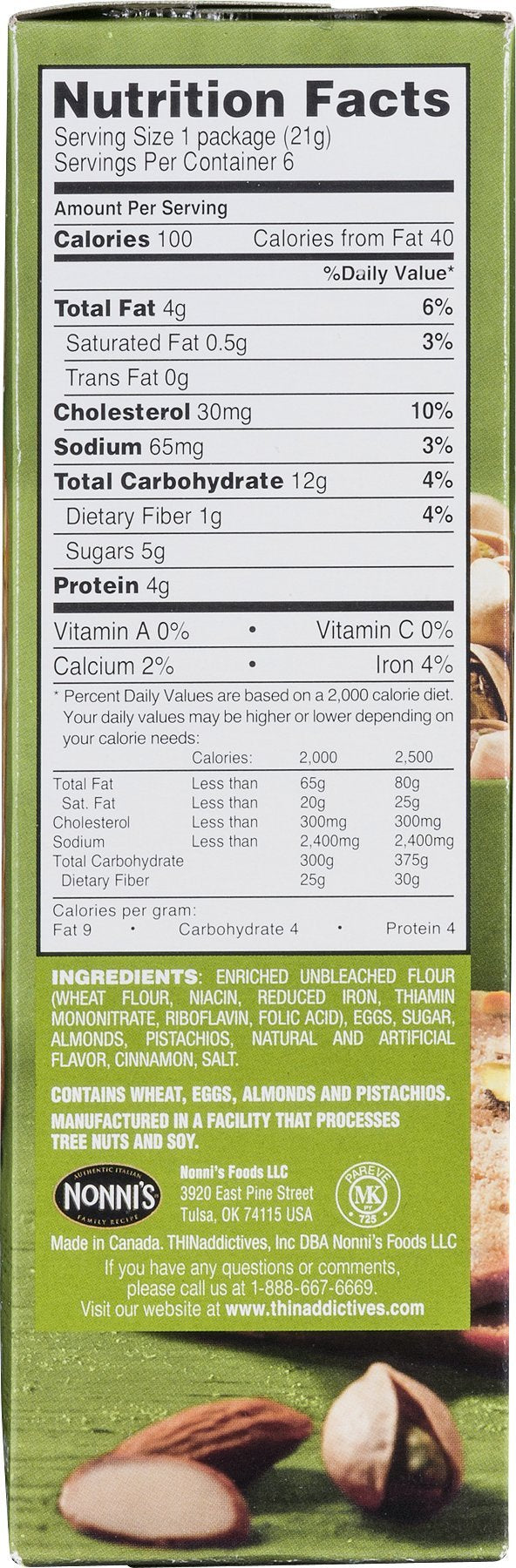 Nonni's THINaddictives ingredients highlight almonds and pistachios