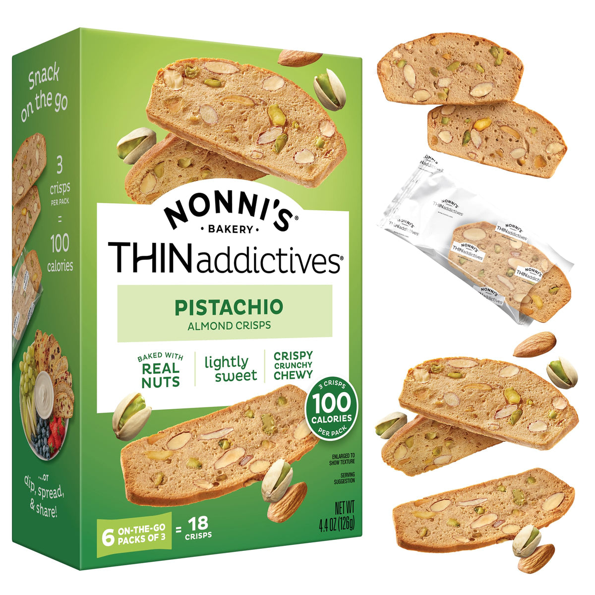 Nonni's THINaddictives pistachio almond crisps box ready-to-eat snack.
