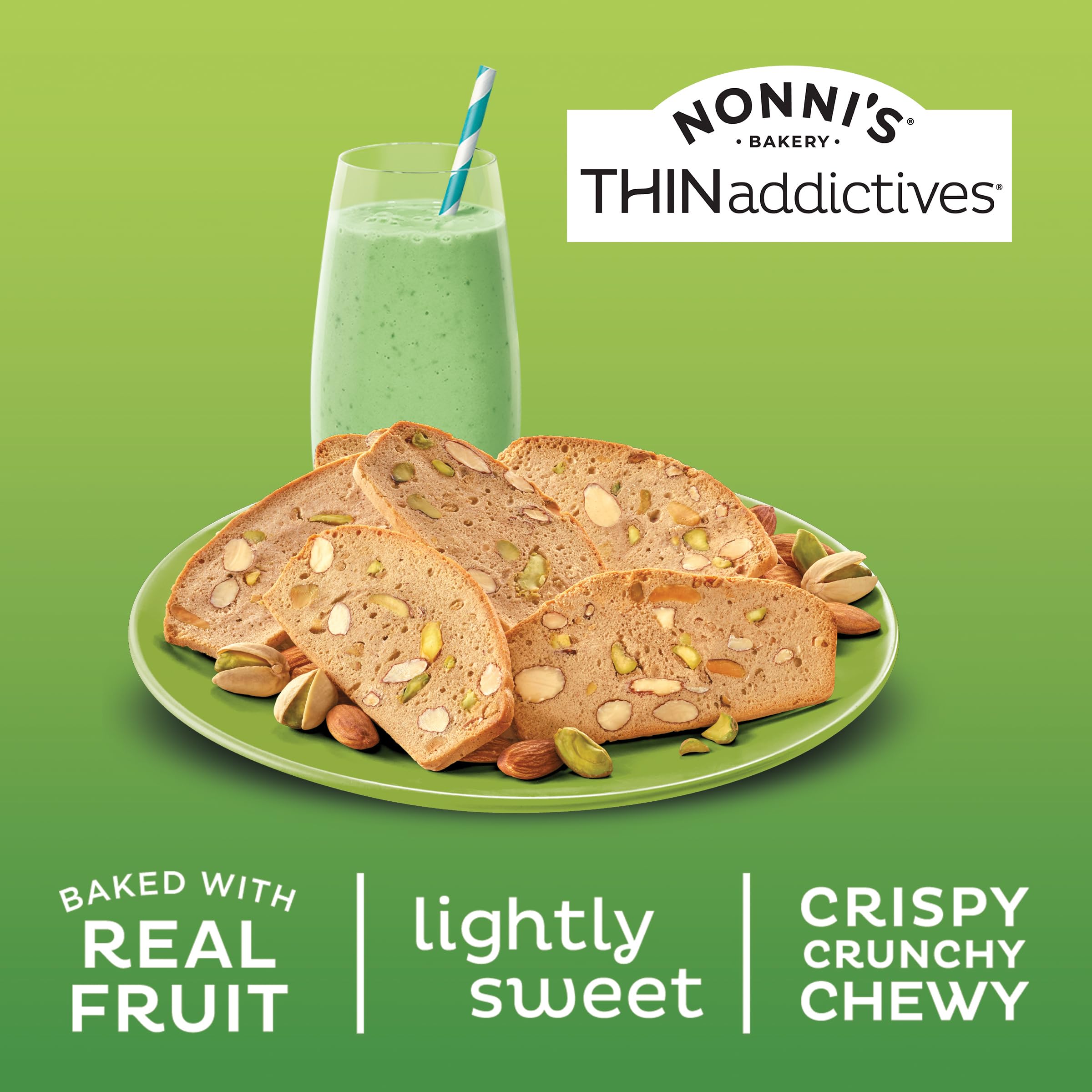 Nonni's pistachio almond crisps beside coffee for pairing.