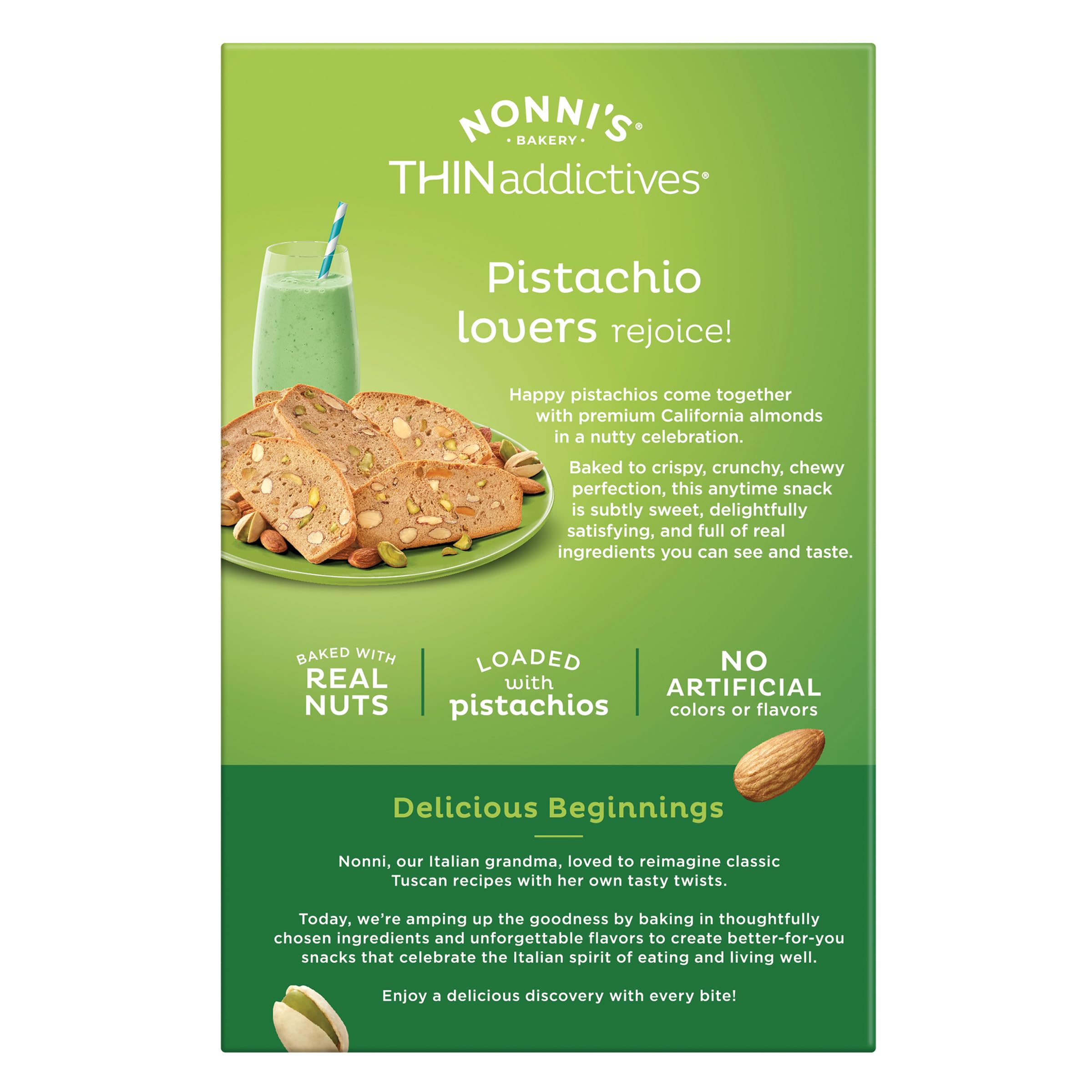 Nonni's THINaddictives pistachio almond crisps kosher snack label.