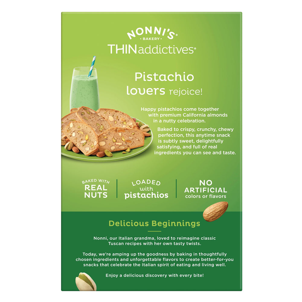 Nonni's THINaddictives pistachio almond crisps kosher snack label.