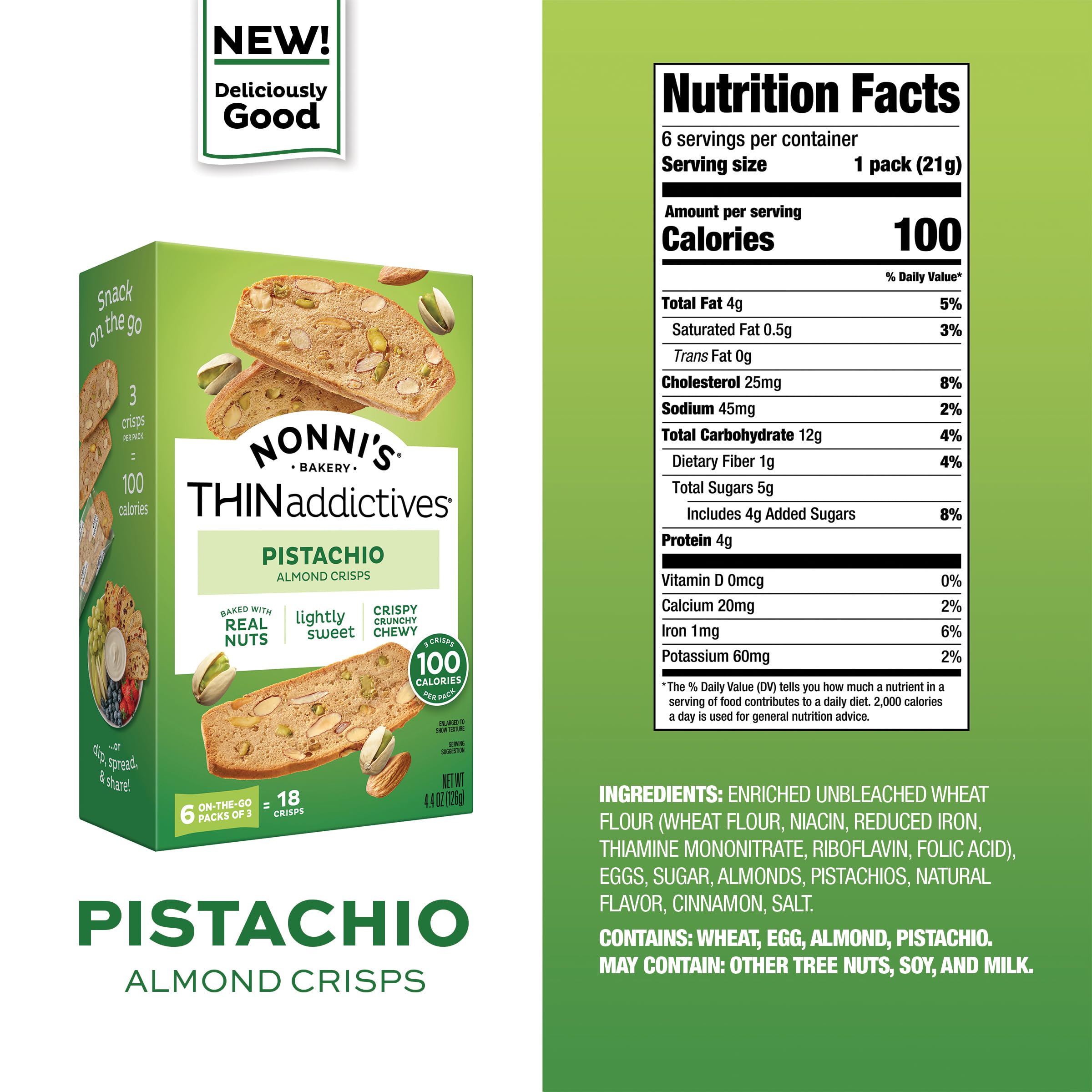 Nonni's THINaddictives pistachio almond crisps serving pack for sharing.