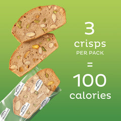 Nonni's THINaddictives pistachio almond crisps tray display with premium ingredients.