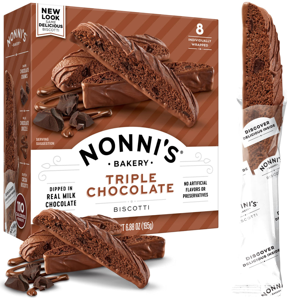Nonnis triple chocolate biscotti box ready for a comforting coffee break