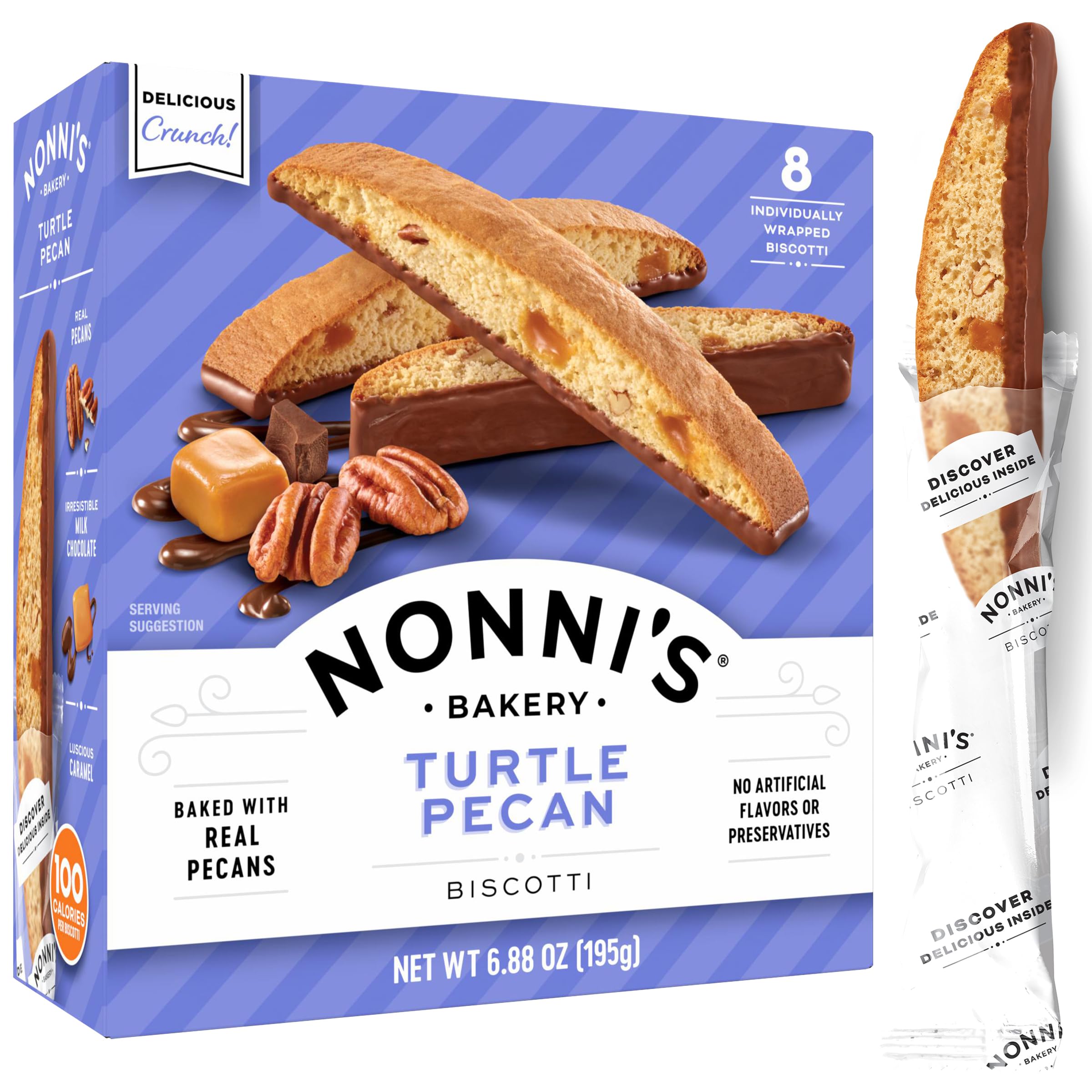 Nonni's Turtle Pecan Biscotti box with pecans delivers a crunchy bite perfect with coffee.