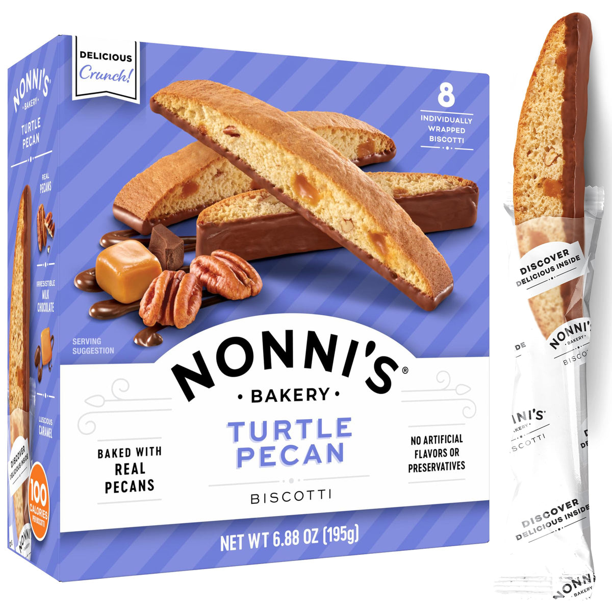 Nonni's Turtle Pecan Biscotti box with pecans delivers a crunchy bite perfect with coffee.