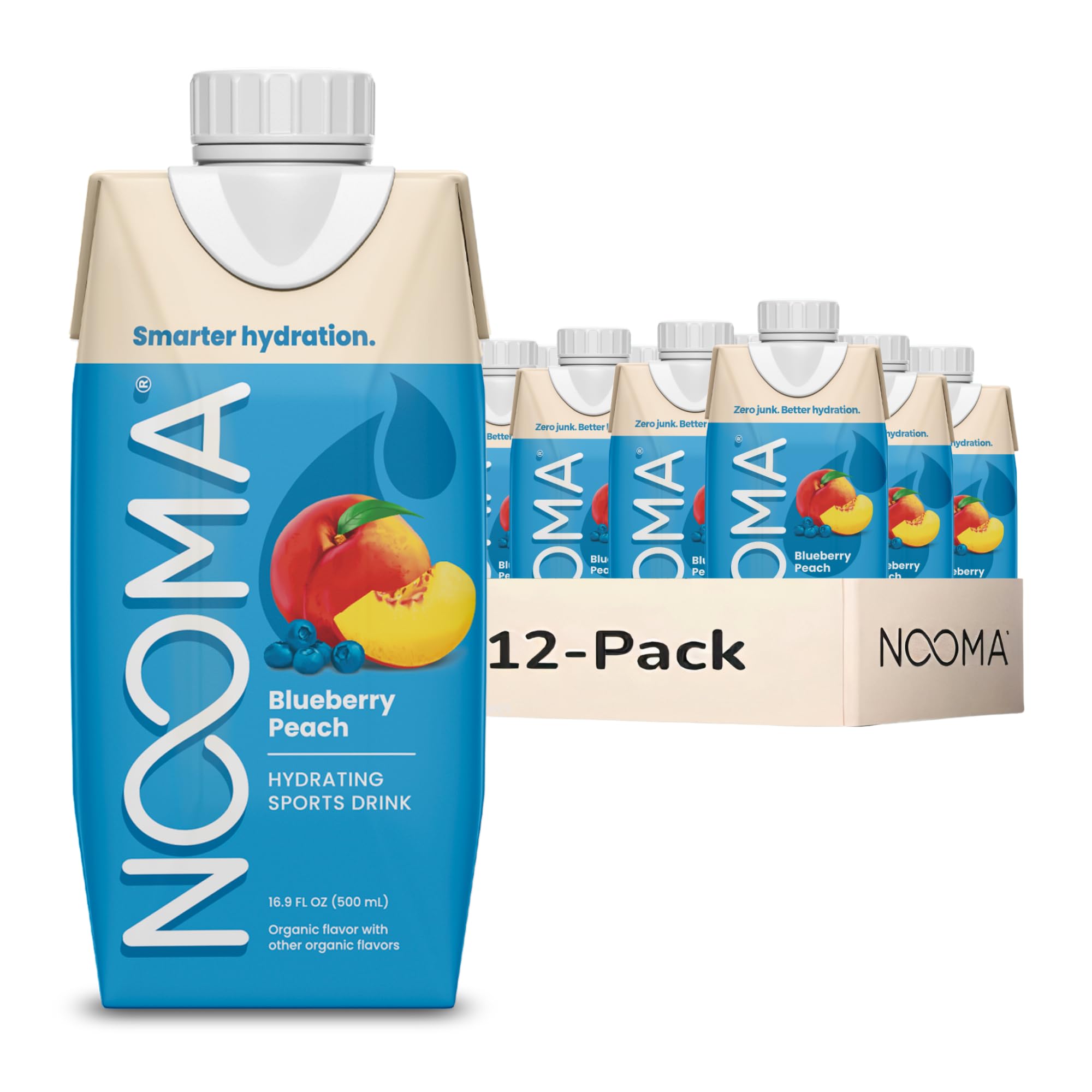 NOOMA Hydrating Sports Drink bottle with blueberry peach flavor for post-workout hydration.