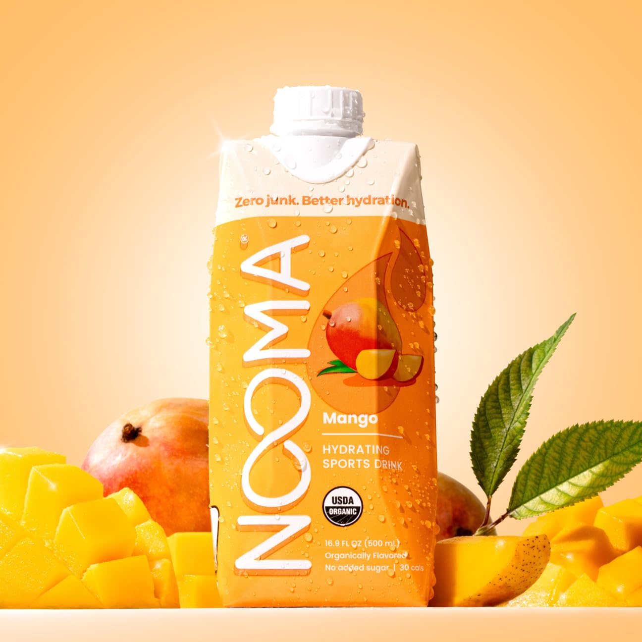NOOMA Organic coconut water closeup emphasizes plant-based hydration and clean ingredients