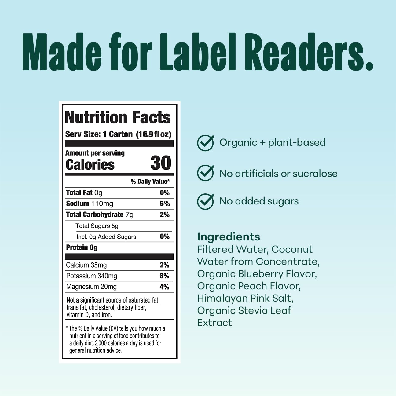 NOOMA organic coconut-water ingredients label highlights natural hydration benefits.