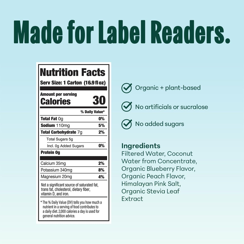 NOOMA organic coconut-water ingredients label highlights natural hydration benefits.