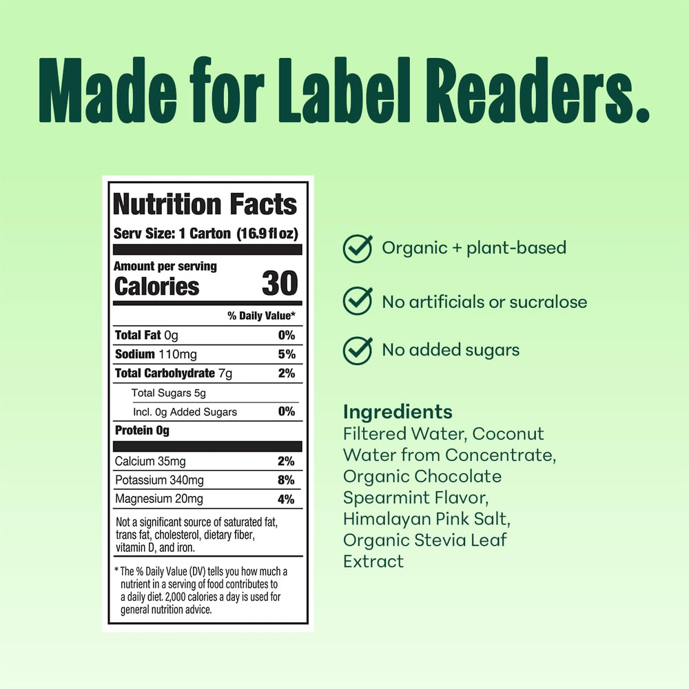 NOOMA Organic Electrolyte chocolate mint bottle back highlights organic ingredients