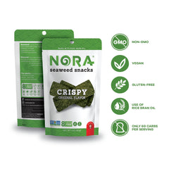 NORA seaweed snack strips emphasize portability and low-sugar, low-carb convenience.