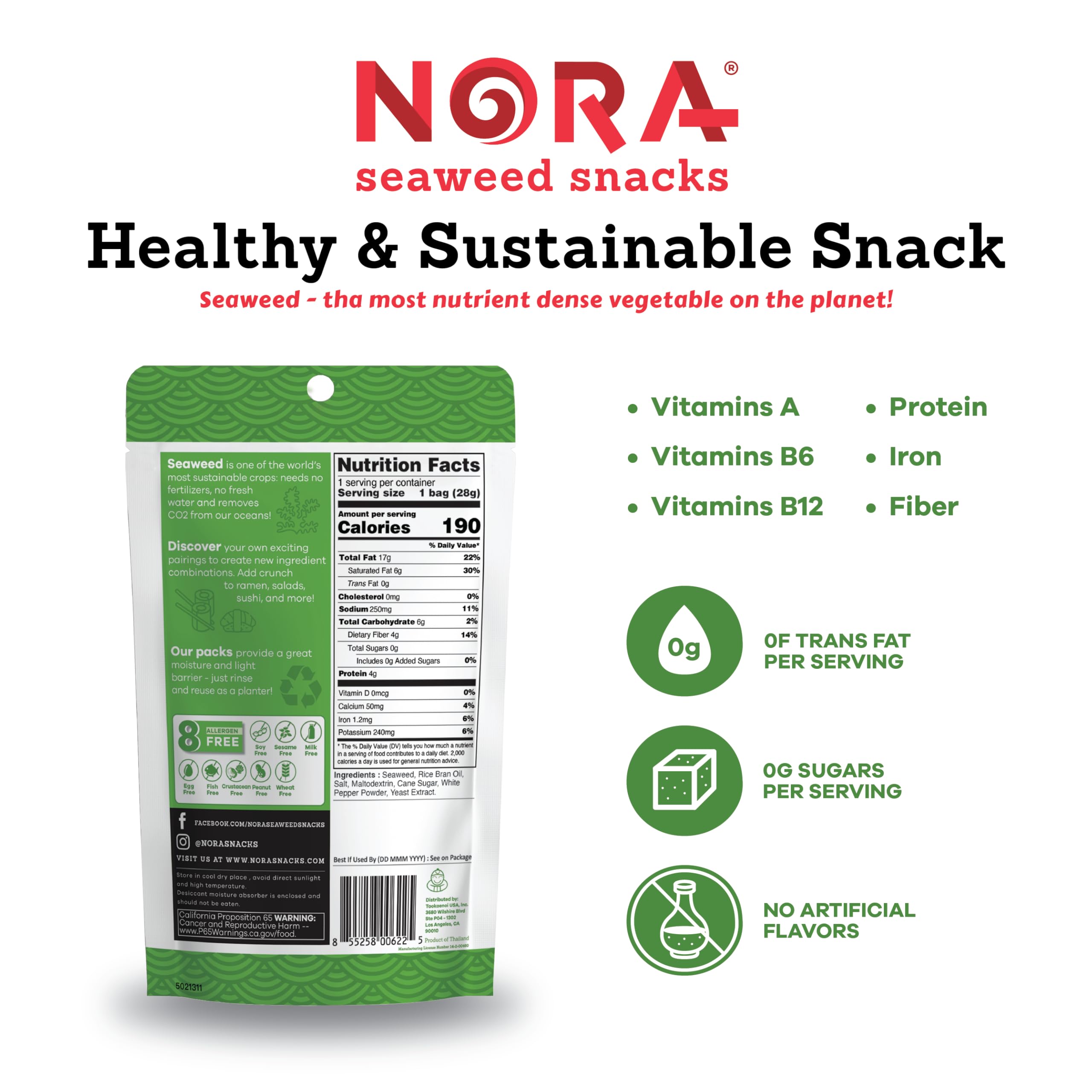 NORA thick nori sheets highlight thick, crunchy texture ideal for gluten-free plant-based snacks.