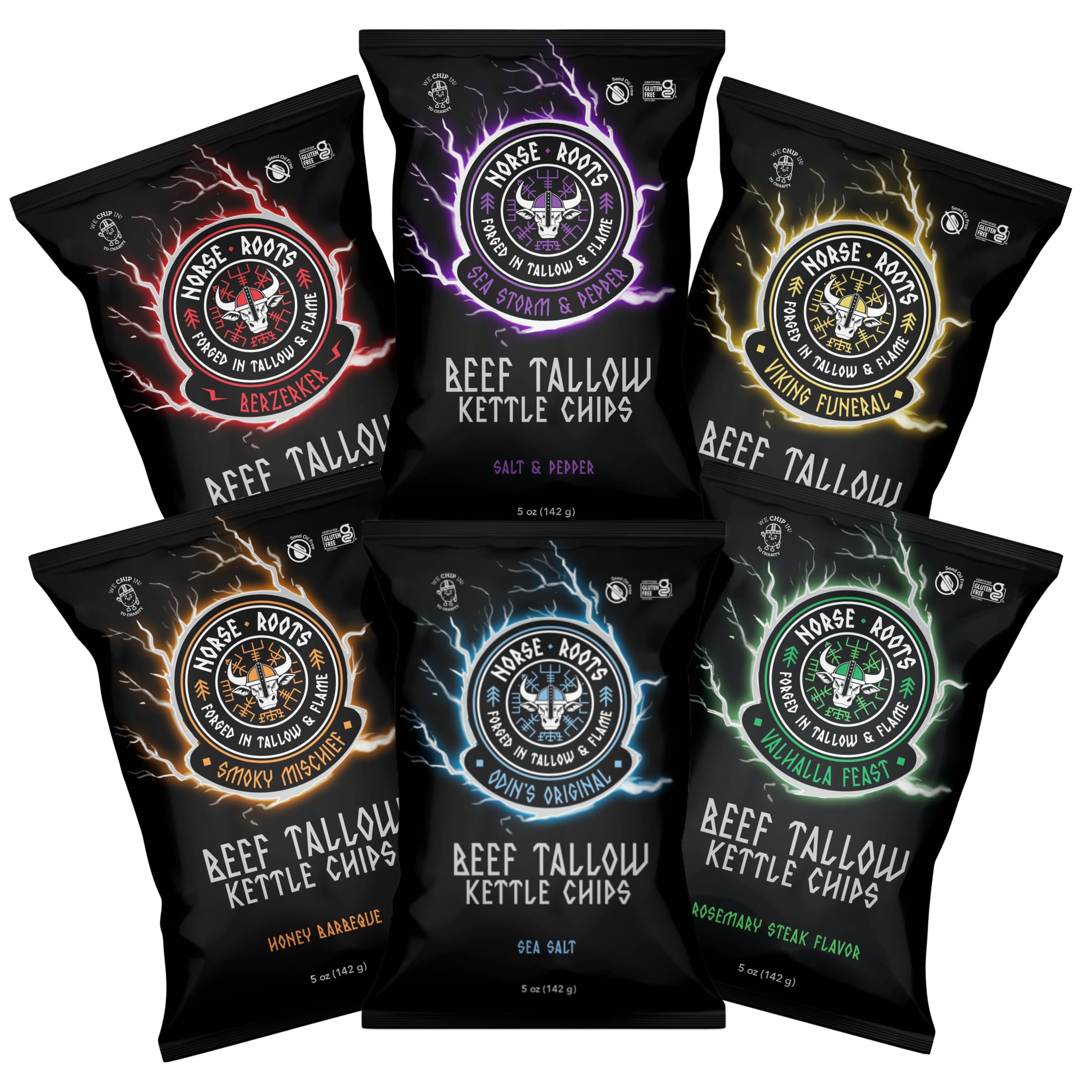 Norse Roots Odin Original beef tallow kettle chip bag close-up highlighting bold crunch for snacking