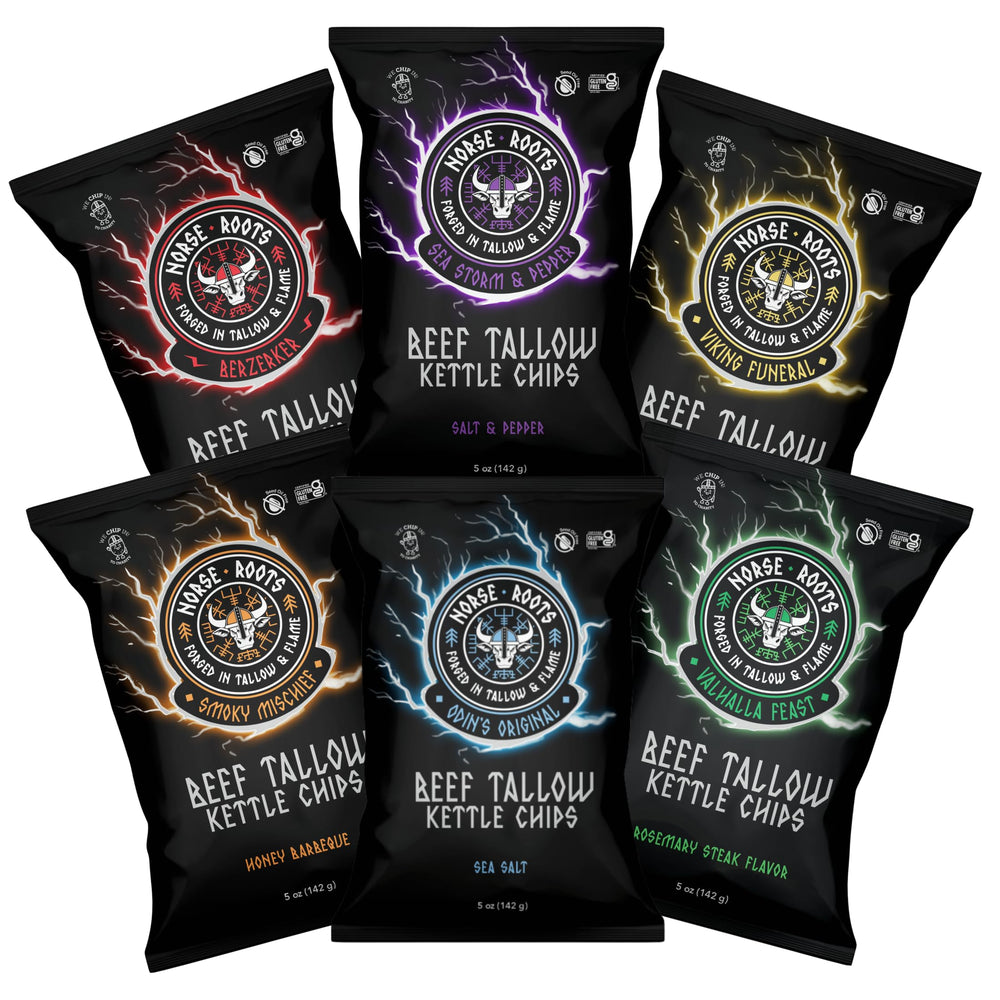 Norse Roots Odin Original beef tallow kettle chip bag close-up highlighting bold crunch for snacking