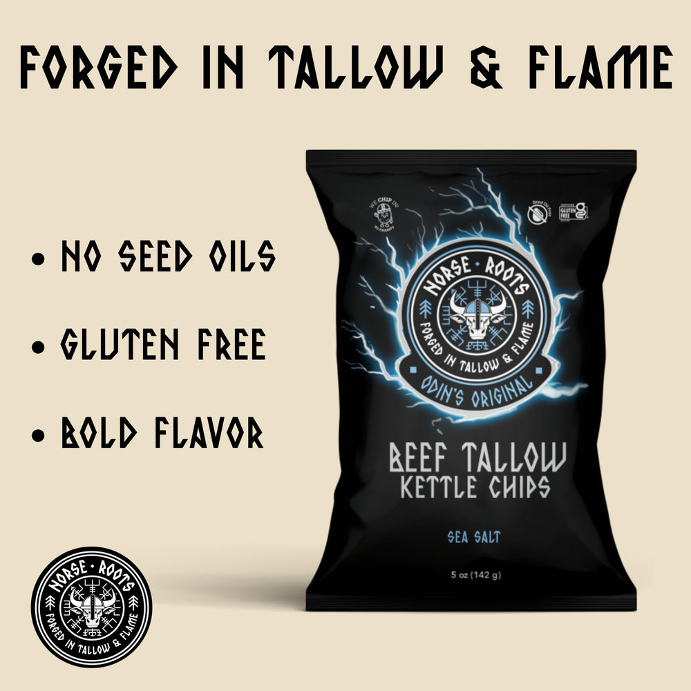 Norse Roots Odin Original Sea Salt chips fried in beef tallow for rich flavor.