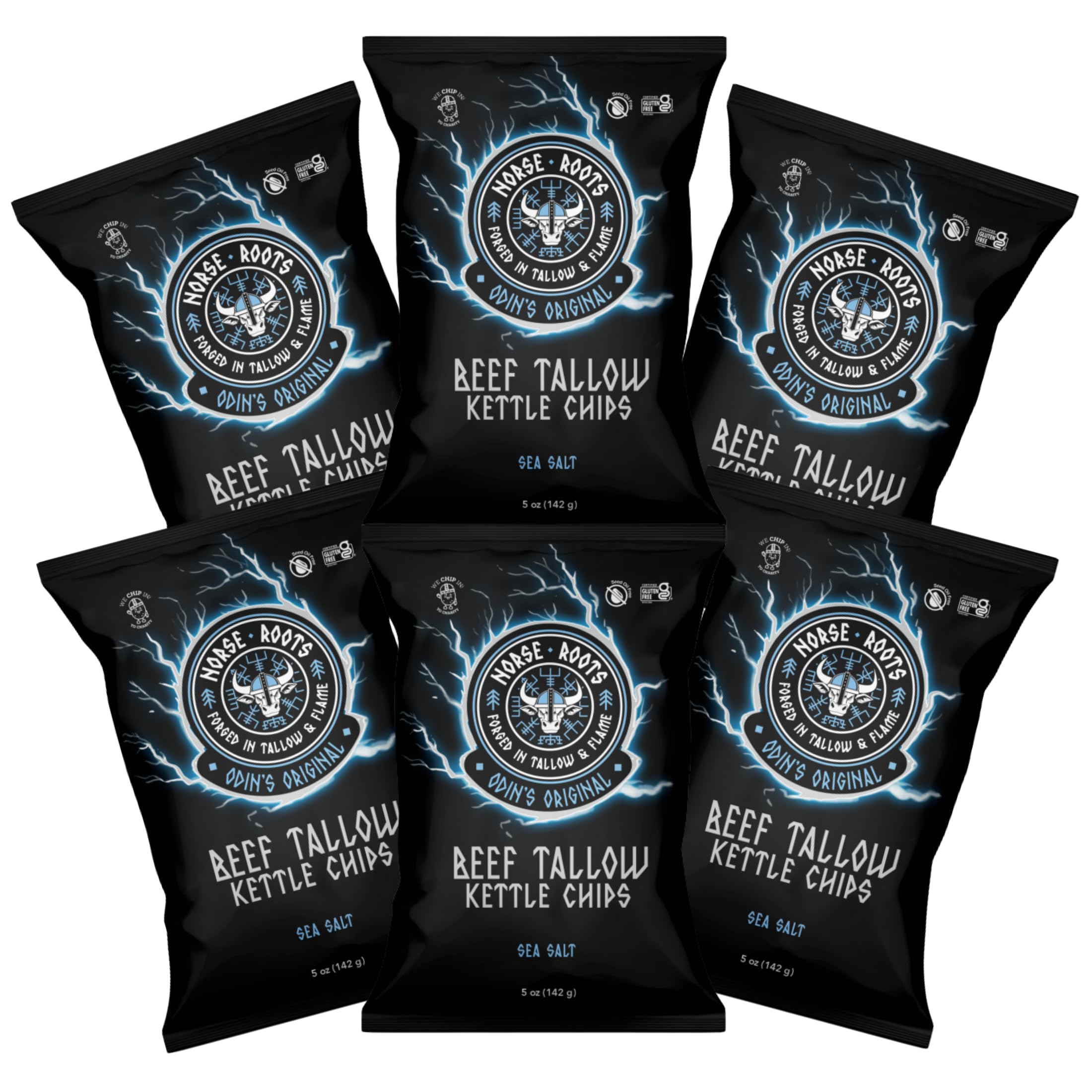 Norse Roots Odin Original Sea Salt chips six-pack, perfect for sharing at gatherings.