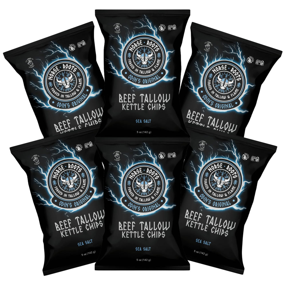 Norse Roots Odin Original Sea Salt chips six-pack, perfect for sharing at gatherings.