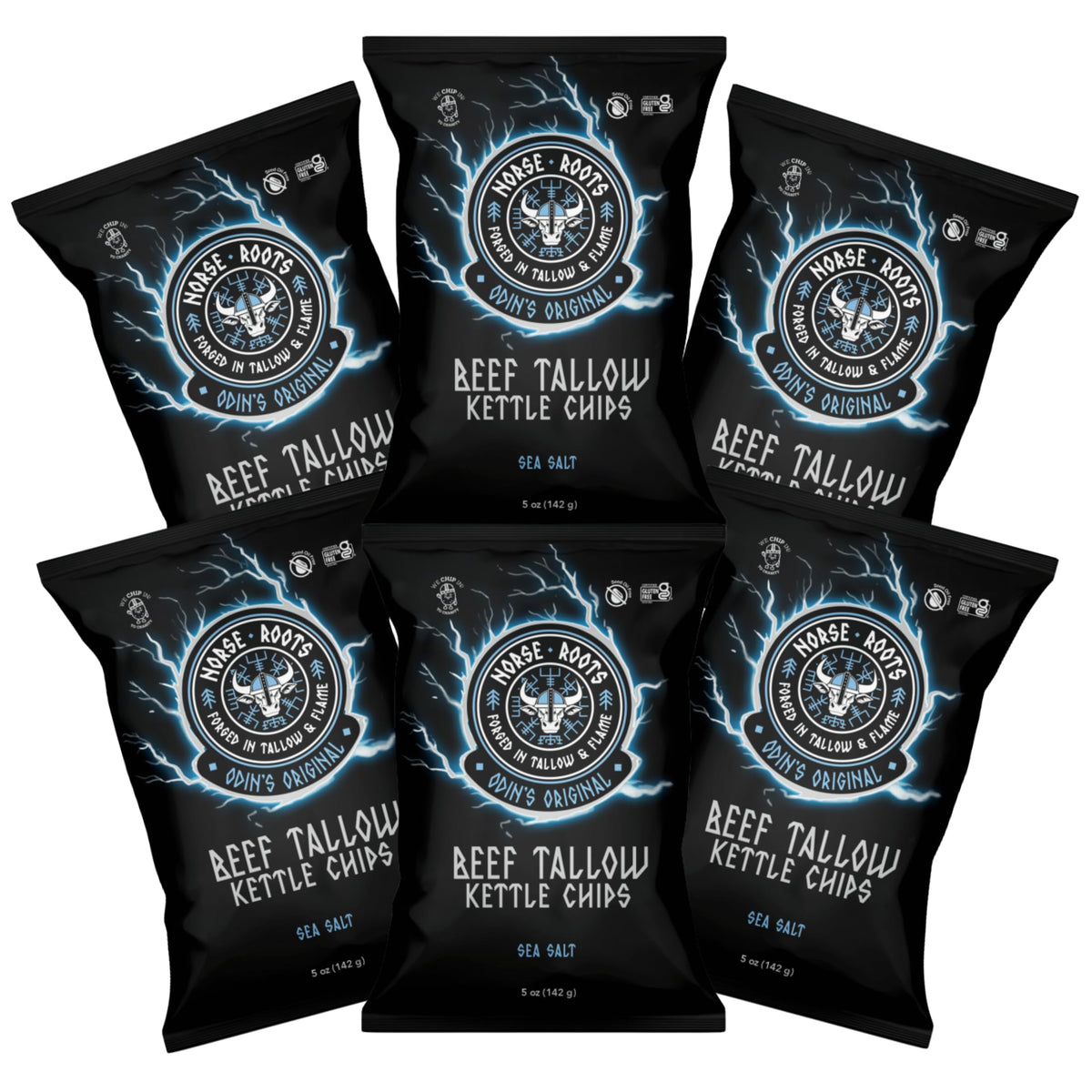 Norse Roots Odin Original Sea Salt chips six-pack, perfect for sharing at gatherings.