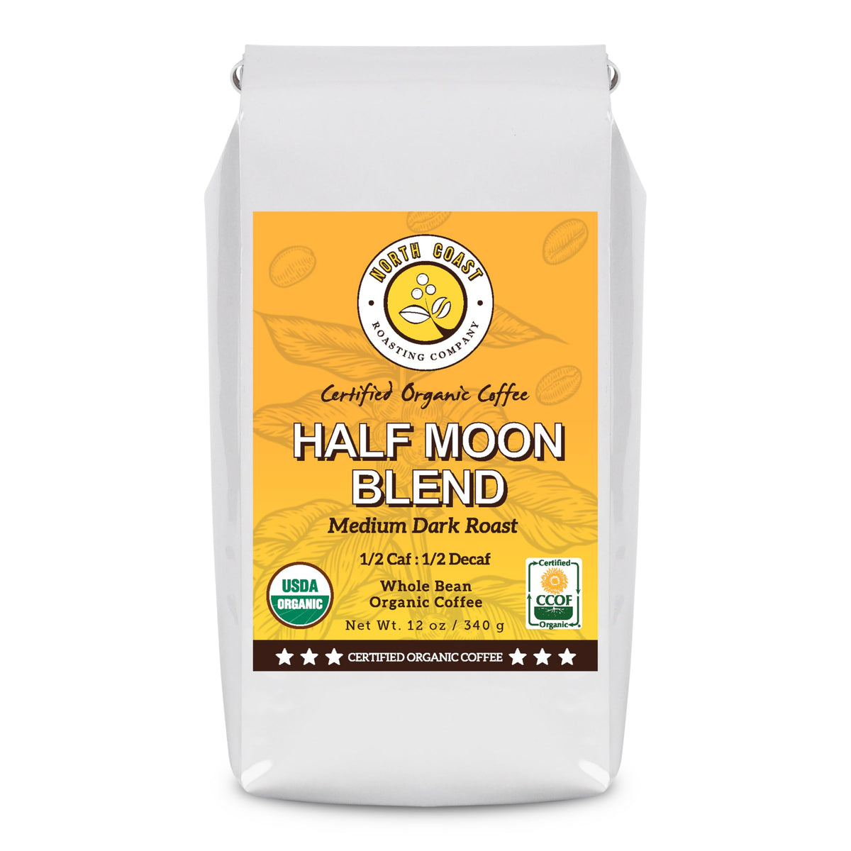 North Coast Half Moon bag showing organic, low-acid aroma for everyday sipping
