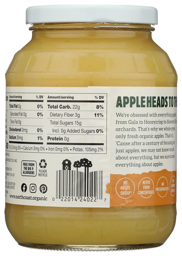 North Coast Honeycrisp Apple Sauce jar close-up label shows organic and kosher status