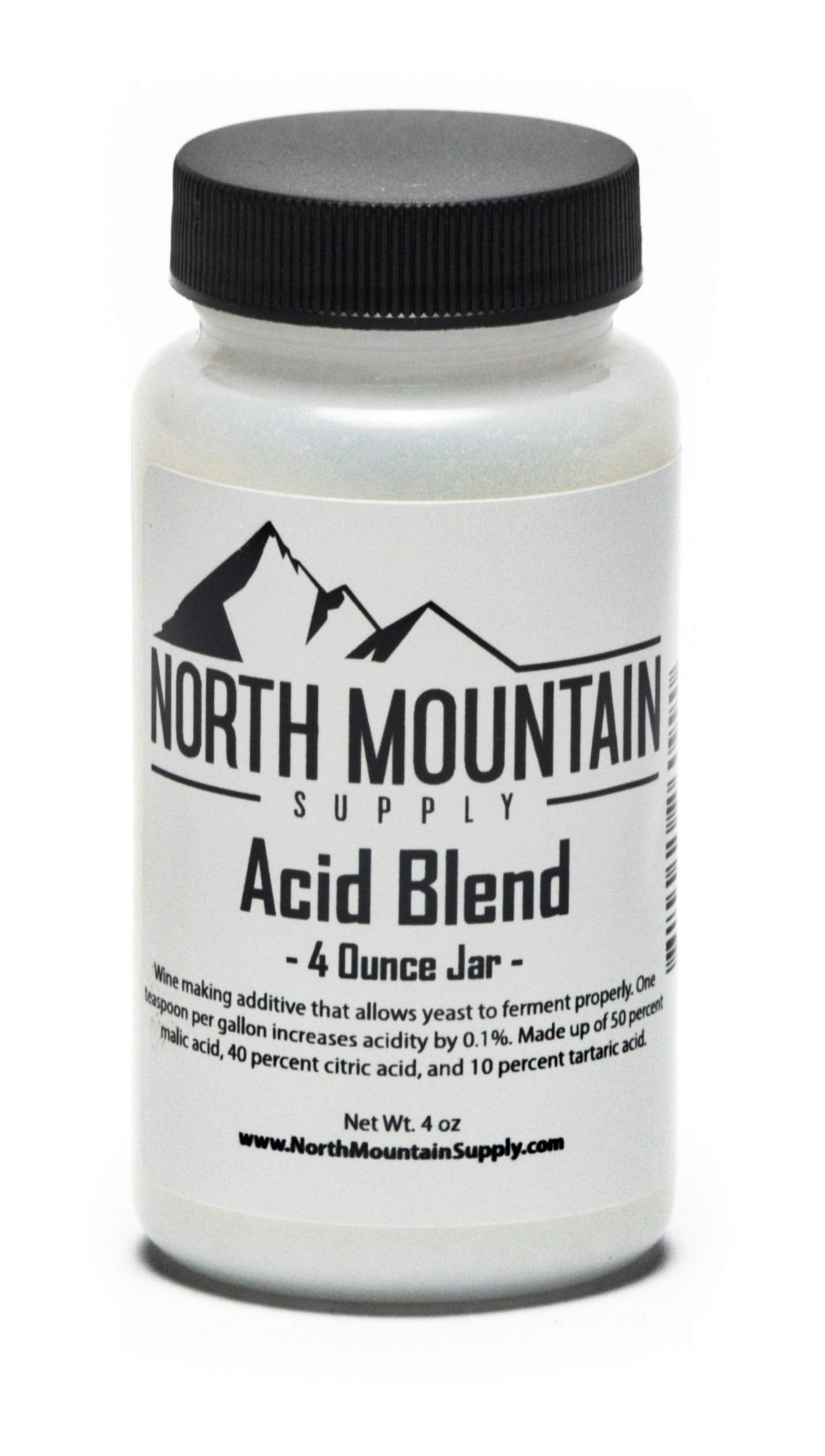 North Mountain Supply acid blend 4oz jar with tamper-evident seal for fresh wine fermentation.