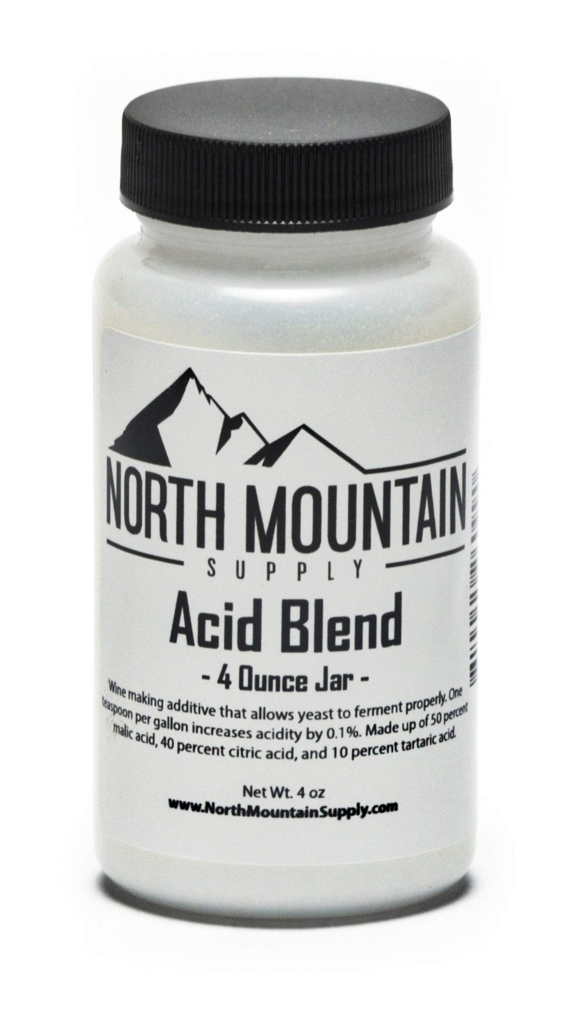 North Mountain Supply acid blend 4oz jar with tamper-evident seal for fresh wine fermentation.
