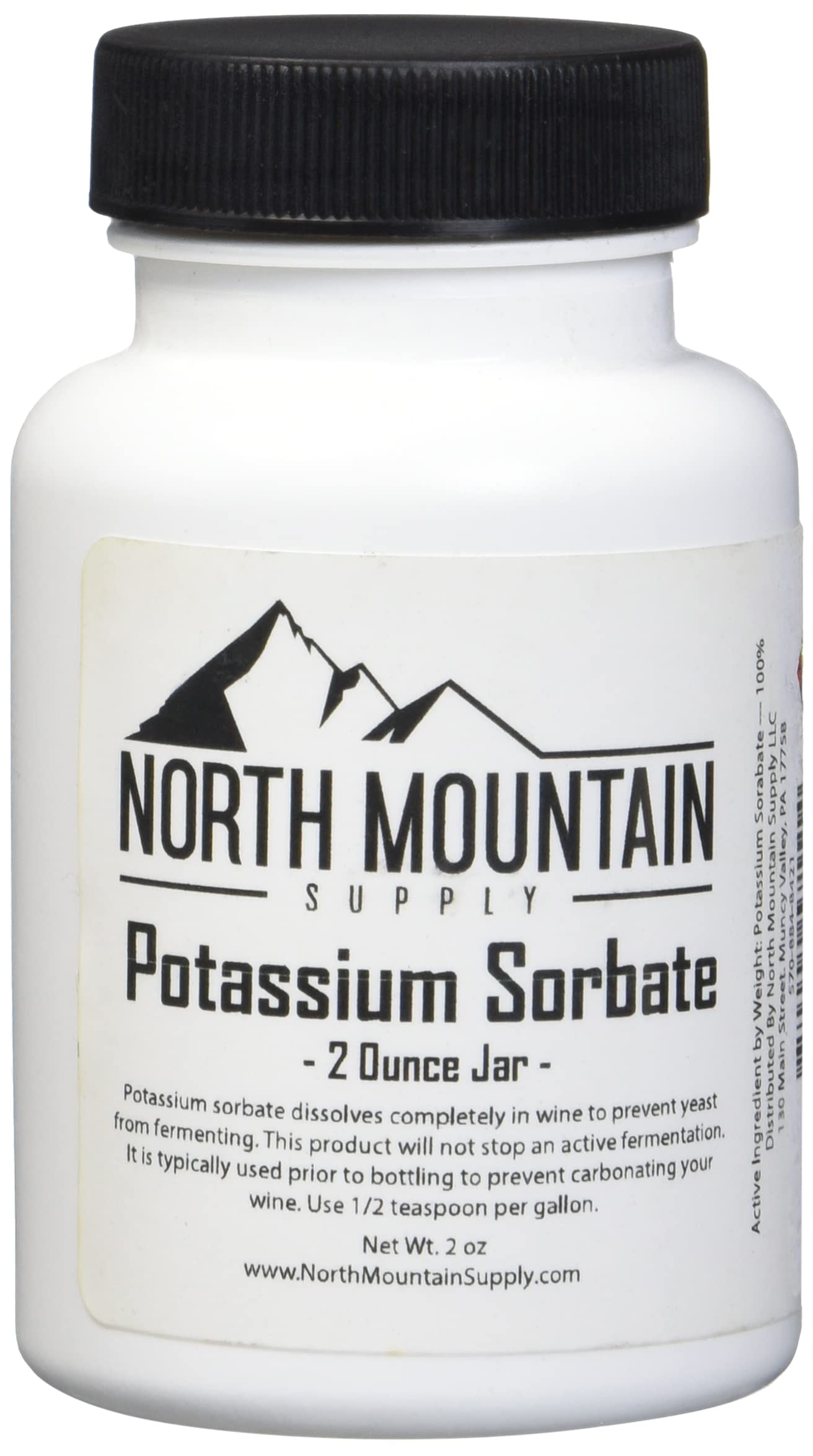 North Mountain Supply potassium sorbate 2 oz jar ready for wine stabilization and shelf stability.