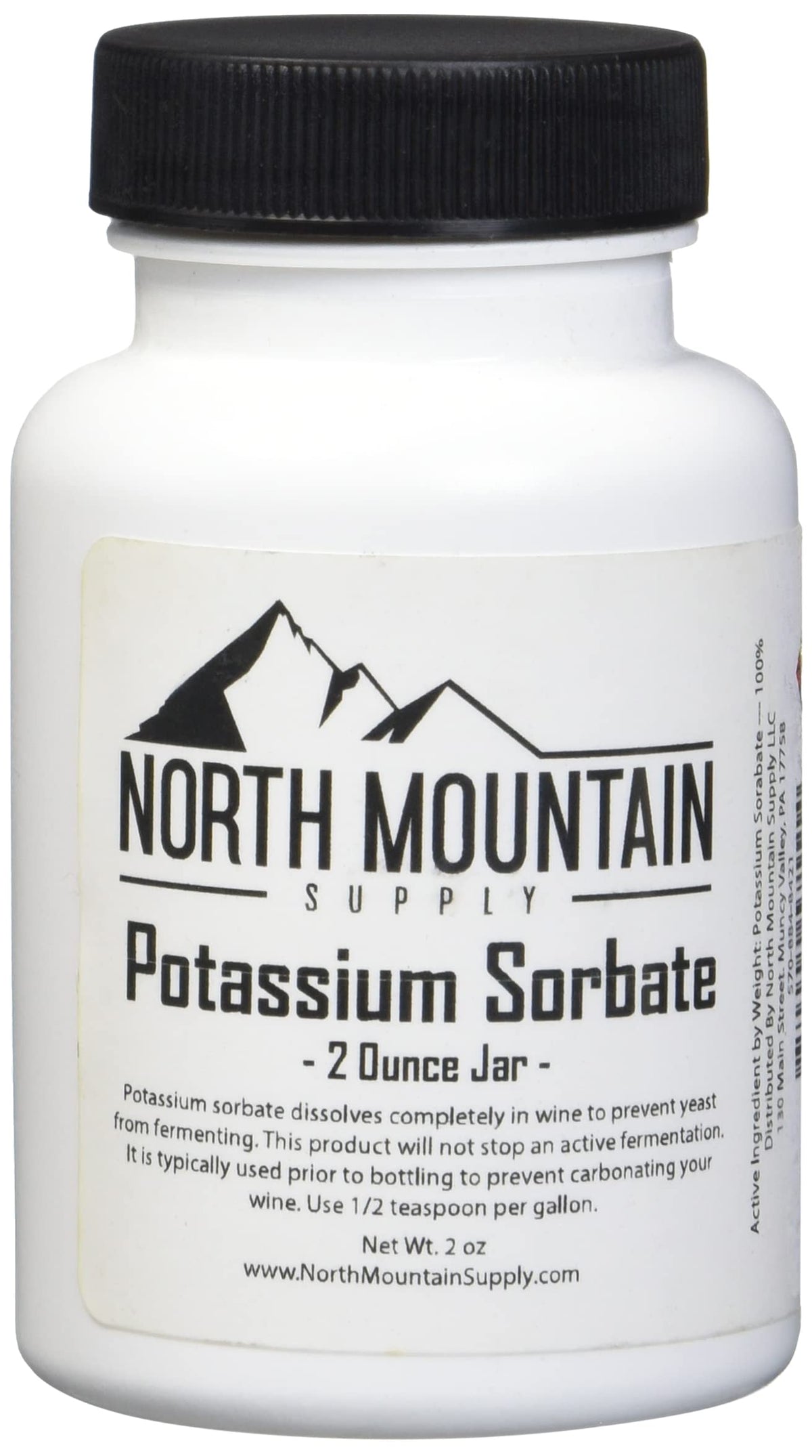 North Mountain Supply potassium sorbate 2 oz jar ready for wine stabilization and shelf stability.