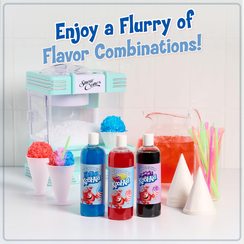 Nostalgia snow cone maker kit shown with syrups and cups