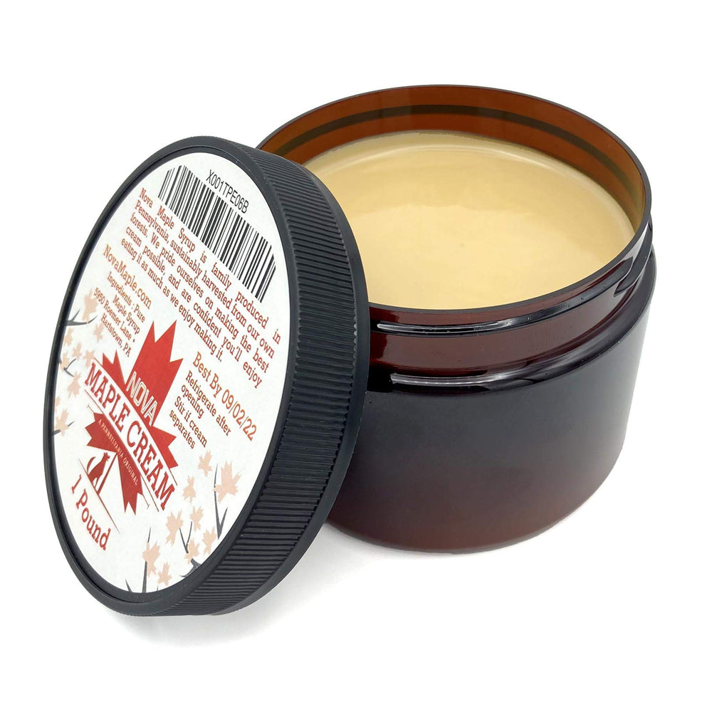 Close-up of Nova Maple Cream texture showing creamy, rich maple butter spread.