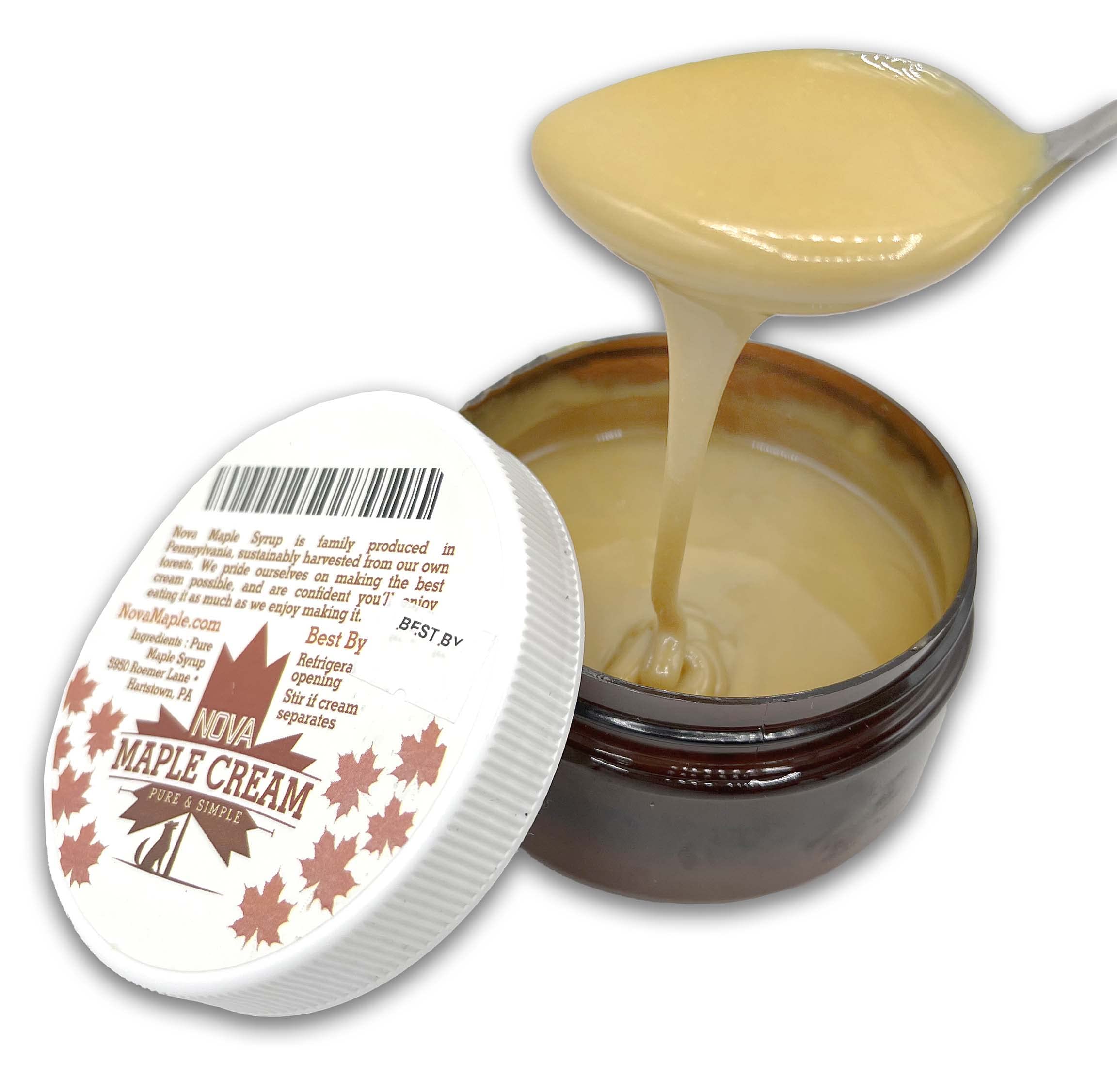 Nova Maple Cream jar closeup reveals premium texture from Grade A maple syrup.