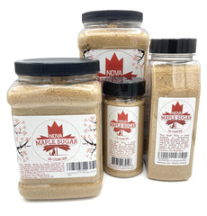 Nova Maple Sugar packaging jar showcases USA harvested additive-free maple sweetness.