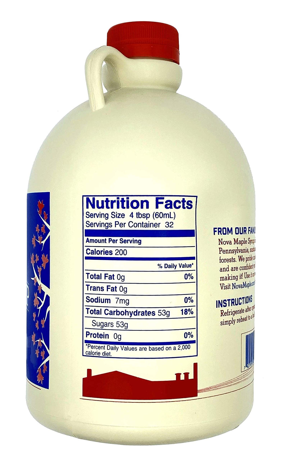 Nova Maple Syrup gallon label closeup highlights Grade A quality and USA production.